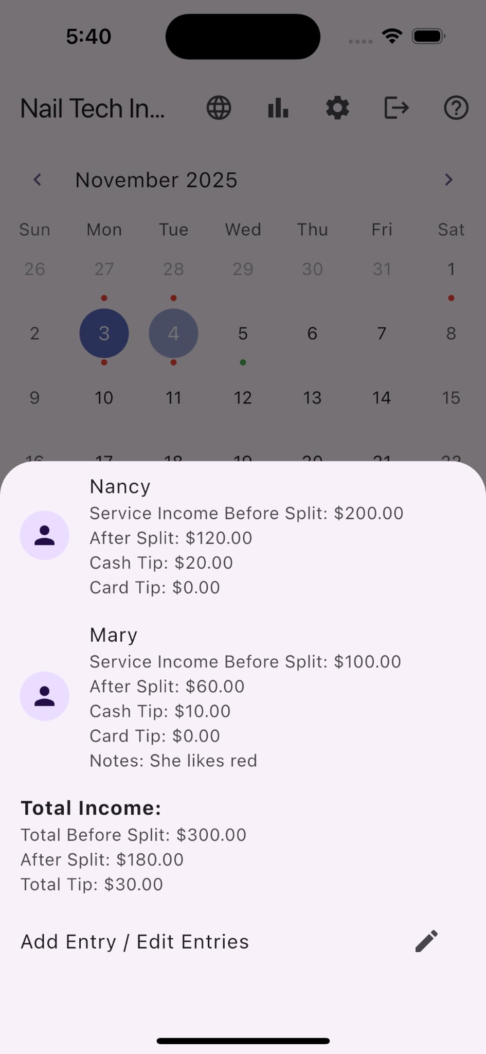 Nail Tech Income Tracker Screenshot 3